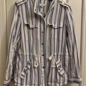 LOFT Women's Utility Jacket - Navy and White Stripes -